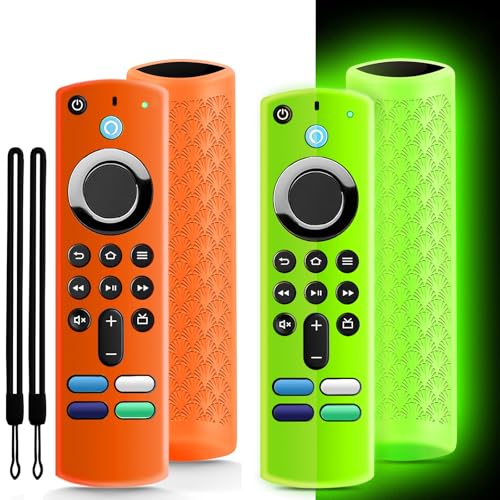 (2 Pack) Onebom Silicone Protective Remote Cover, Anti-Slip Remote Control Case with Black Lanyard(Glow Green&Not Glow Orange) - color: (Black Lanyard)Orange&Glow Green