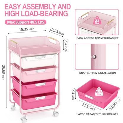 SYKIARIOL 4-Drawer Rolling Storage Cart with Mesh Top, Rose Pink - color: Gradient Pink