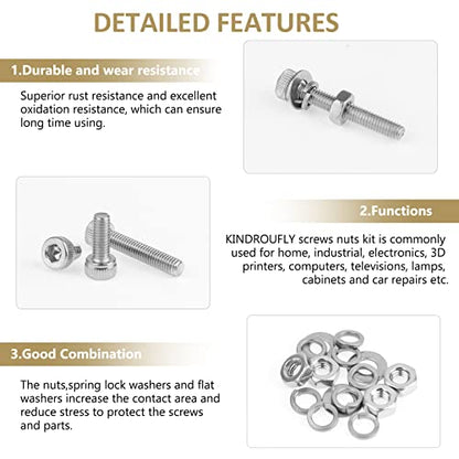 562 Pieces M3 x 4/6 /8/10 /12/16 /20mm Hex Socket Head Cap Screws Nuts Washers Assortment Kit, 304 Stainless Steel, Fully Machine Thread - size: M3, style: Socket Head