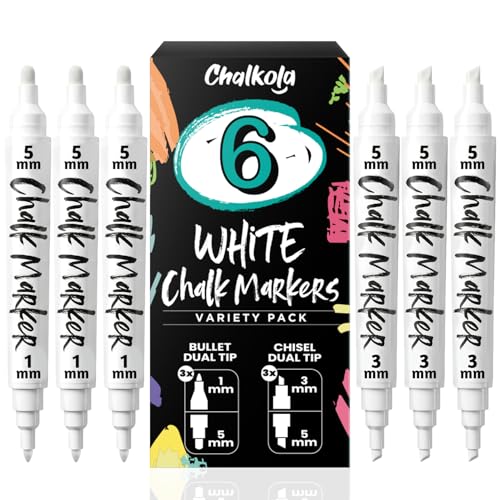Chalkola 6 White Chalk Markers - Bullet & Chisel Dual Tip (1mm, 3mm, 5mm) - size: 6 White Dual Tip