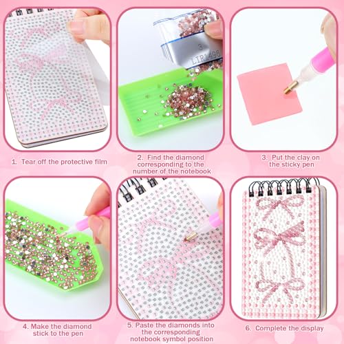 Fuyoooo 12 Pcs Pink Bow Diamond Art Notebook for Adults, 4.72 x 2.83 Inch - style: Pink Bow