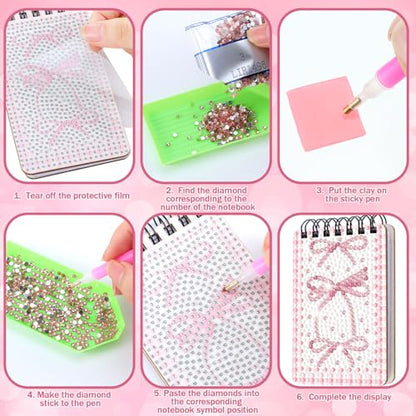 Fuyoooo 12 Pcs Pink Bow Diamond Art Notebook for Adults, 4.72 x 2.83 Inch - style: Pink Bow