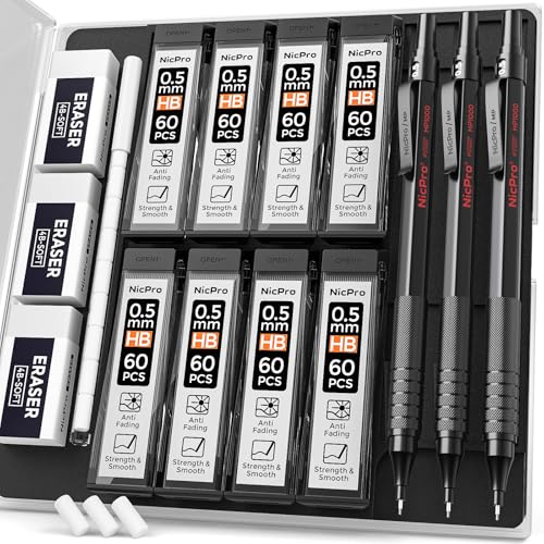 Nicpro 0.5 mm Mechanical Pencils Set with Case, Full Metal Pencil, 3 Pack - color: Black, style: 0.5 MM
