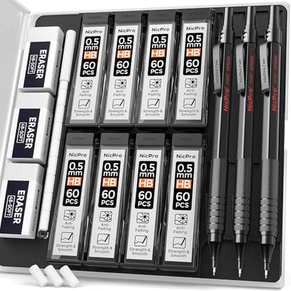 Nicpro 0.5 mm Mechanical Pencils Set with Case, Full Metal Pencil, 3 Pack - color: Black, style: 0.5 MM