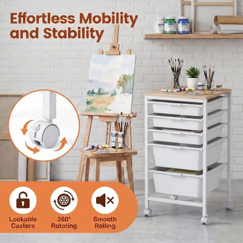 RELAX4LIFE 5-Drawer Rolling Storage Cart w/Lockable Wheels(White) - color: White, size: 25”H