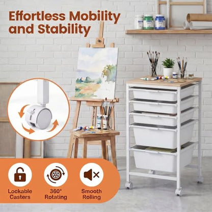 RELAX4LIFE 5-Drawer Rolling Storage Cart w/Lockable Wheels(White) - color: White, size: 25”H