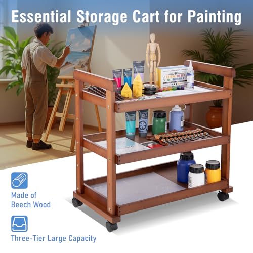Falling in Art 3-Tier Beechwood Rolling Cart with Caster Wheels, Walnut - color: Walnut