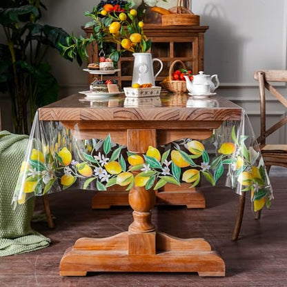 ARTABLE Clear Vinyl Tablecloth Lemon Floral Print Wipeable 52 x 70 Inch - color: Lemon, size: 70" x 52" (Rectangular)
