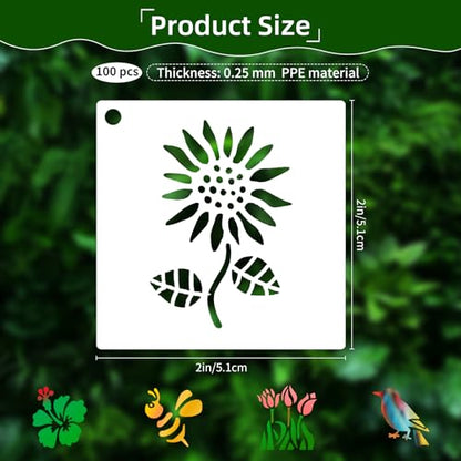 100 Pcs Small Stencils for Painting on Wood 2" x 2" (Flower Plants Insect) - color: Plants