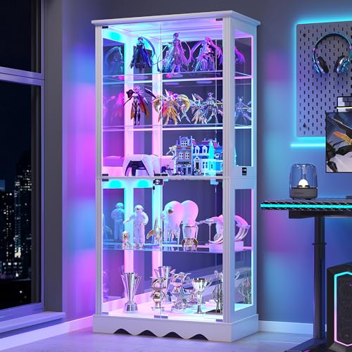 Dystler Display Cabinet with Glass Doors, RGB Lights for Collectibles - color: White