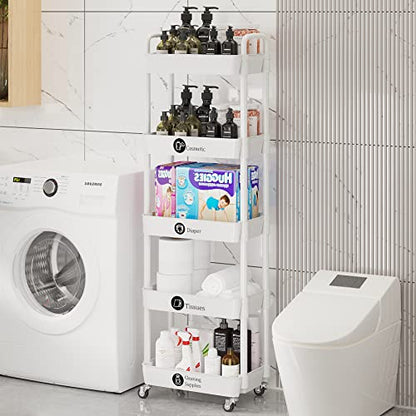5 Tier Rolling Cart with Wheels, Utility Storage Carts,White - color: White, size: 5-Tier