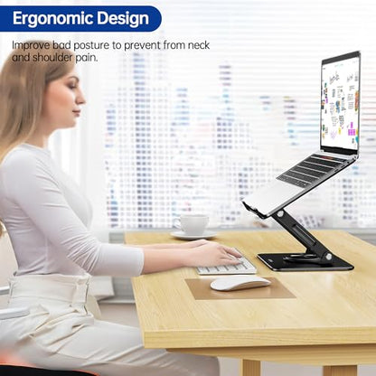 BESIGN Laptop Stand with 360° Rotating Base, Ergonomic Adjustable Notebook Riser, Foldable Computer Holder Compatible with 10-14" Laptops, LS11 Black - color: F-Dark Black-360°