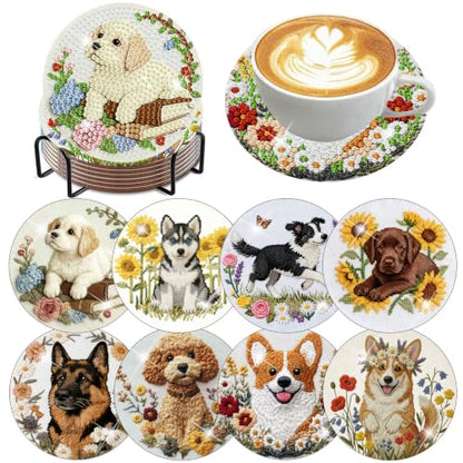 Zythron 8 Pack Diamond Art Coasters,Dog Flowers Diamond Painting Coasters - color: Dog Coasters-1
