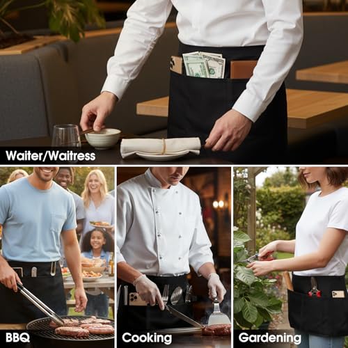 BOHARERS Waist Apron with 3 Pockets - Black Waitress Waiter Server Short Aprons - color: B-2 Pack Black