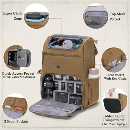 RAINSMORE Camera Backpack, DSLR SLR Mirrorless Camera Bag for Photographer - color: Khaki