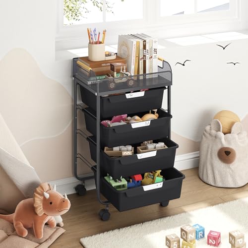 SYKIARIOL 4-Drawer Rolling Storage Cart with Mesh Top,Black - color: Black