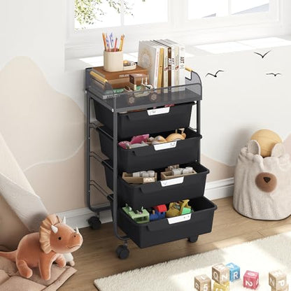 SYKIARIOL 4-Drawer Rolling Storage Cart with Mesh Top,Black - color: Black