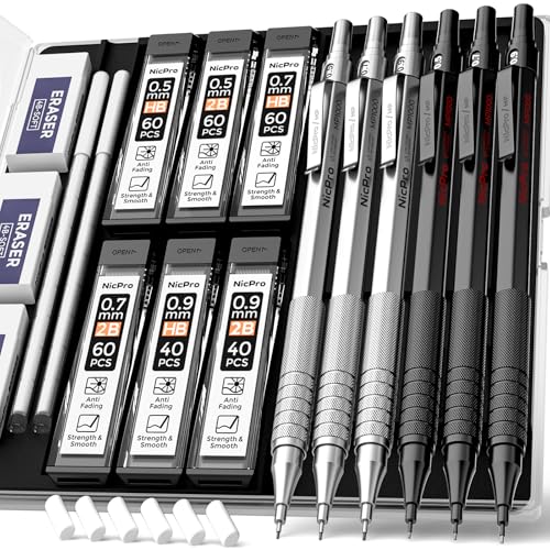 Nicpro 0.5 & 0.7 & 0.9 mm Metal Mechanical Pencil Set with Case-6 Pack - color: Black&Silver, style: Modern
