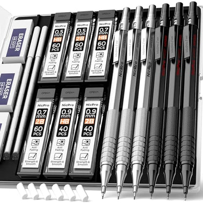 Nicpro 0.5 & 0.7 & 0.9 mm Metal Mechanical Pencil Set with Case-6 Pack - color: Black&Silver, style: Modern