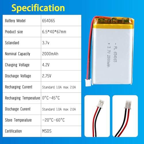 654065 3.7V Lipo Battery 2000mAh 654065 Rechargeable Lithium Polymer - size: 654065 2000mAh