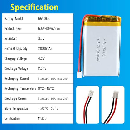 654065 3.7V Lipo Battery 2000mAh 654065 Rechargeable Lithium Polymer - size: 654065 2000mAh
