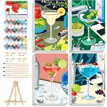 ICYANART 4 Pack Cocktail Paint by Numbers Kit for Adults with Frame Easy - color: Cocktail