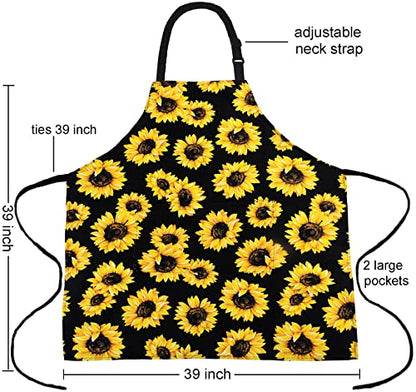Plus Size Adjustable Bib Apron Water Resistant Canvas Extra Wide Long Ties Aprons with 2 Pockets Kitchen Cooking Gardening - color: Sunflower