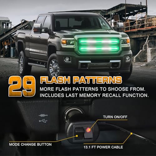 XRIDONSEN 2 Pack Green White Grill Emergency Lights 30 inch Strobe Lights - color: Green/White