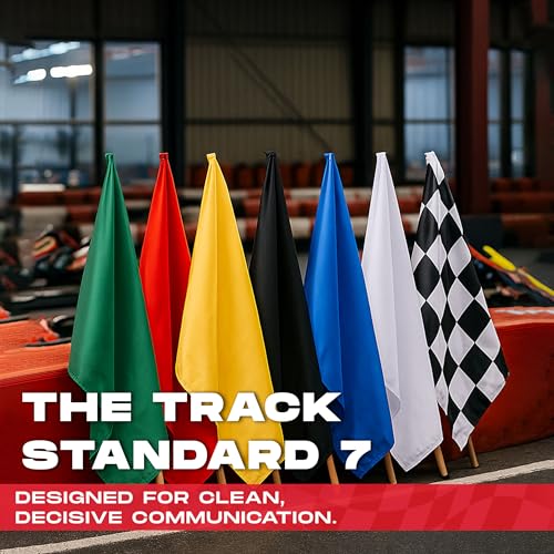 PromoPatriot Official Auto Racing Flag Set, 7 Piece 24x30 Inch Single-Sided Heavy-Duty Nylon Race Flags on 30″ Wooden Poles, Track Marshal Signal Set for Motorsports, Kart Racing & Race Decorations.