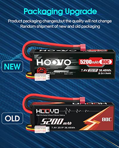 HOOVO 2S 7.4V 5200mAh 80C RC LiPo Battery Hard Case with T Connector 2 Pack - style: 2S 5200mAh