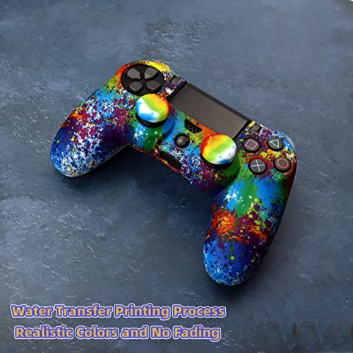 Silicone Skin Cover for Ps4 Controller (1pc Anti-Slip, 1 Pair L2 R2 Trigger Extender, 4pcs Thumb Grips,4pcs LED Light Bar Decal) Protector for DualShock PS4/ Slim/Pro Controller - color: Splashing graffiti