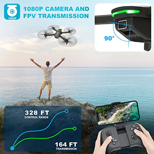 Drone with 1080P Camera for Beginners and Adults, Foldable Remote Control Quadcopter with Voice Control, Gestures Selfie, Altitude Hold, One Key Start, 3D Flips, 2 Batteries, Toy for Beginners - color: Green