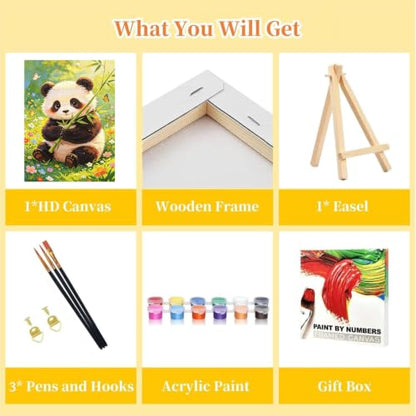 HITO Panda Paint by Numbers Kit for Kids with Frame Easel 8x12 inch - color: Panda with Bamboo