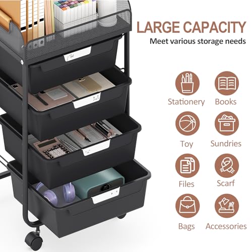 SYKIARIOL 4-Drawer Rolling Storage Cart with Mesh Top,Black - color: Black