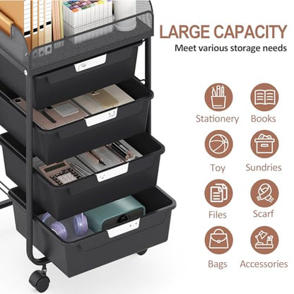 SYKIARIOL 4-Drawer Rolling Storage Cart with Mesh Top,Black - color: Black