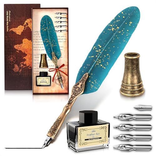 Lagarto Feather Pen and Ink Set, 11.4", 6 Steel Nibs, Inkwell (Turquoise) - color: Turquoise