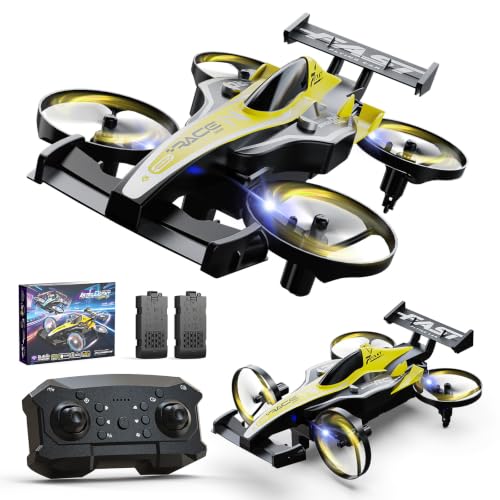 DEERC HT35 2-in-1 Mini Drone Car for Kids | Remote Control Airplane, 360° Flips, Circle Flight, One-Key Takeoff/Landing, Headless Mode, Auto Hover, 3 Speeds, 2 Batteries - color: Yellow