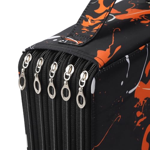250 Slots Canvas Pencil Case 5-Layer Zipped Holder w/Handle - color: Orange Splash Ink, size: 250