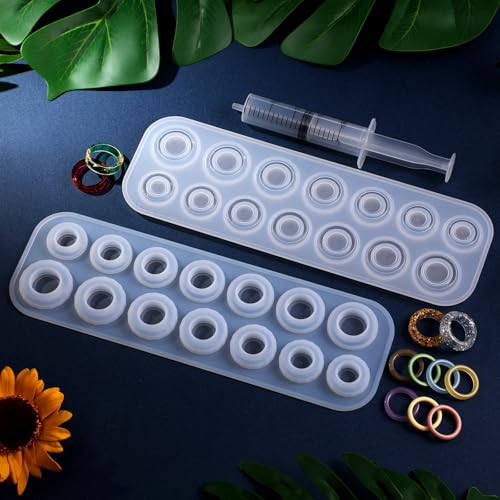 Mudder 2 Pieces Resin Silicone Ring Molds 14 Sizes Ring Circle Jewelry Casting Molds with Syringe in 20 ml for DIY Craft Making
