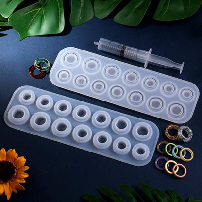 Mudder 2 Pieces Resin Silicone Ring Molds 14 Sizes Ring Circle Jewelry Casting Molds with Syringe in 20 ml for DIY Craft Making