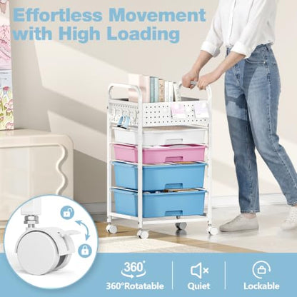 4 Drawer Rolling Storage Cart with Pegboard Top and Hooks, Pink&Blue - color: Pink&Blue, size: 4-Drawers
