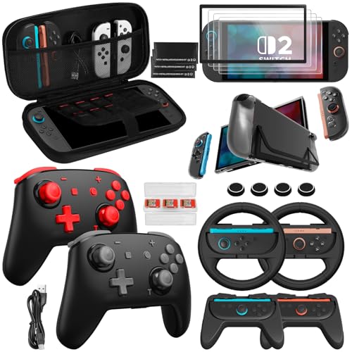 Accessories Bundle for Nintendo Switch 2 2025 20-in-1: 2 Wireless Pro Controllers, Carrying Case, Screen Protectors, Dockable Protective Case, Steering Wheels and Thumb Grips, All-in-1 Starter Kit & Gift Set - color: Red&Grey