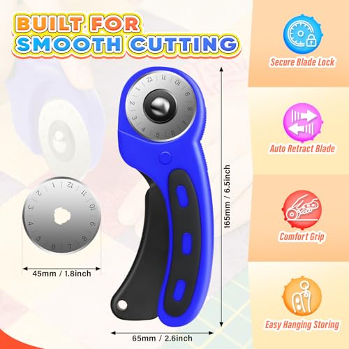 DIYSELF Rotary Cutter for Fabricr, Rolling Cutter with 5 Extra 45mm Blades - color: Blue