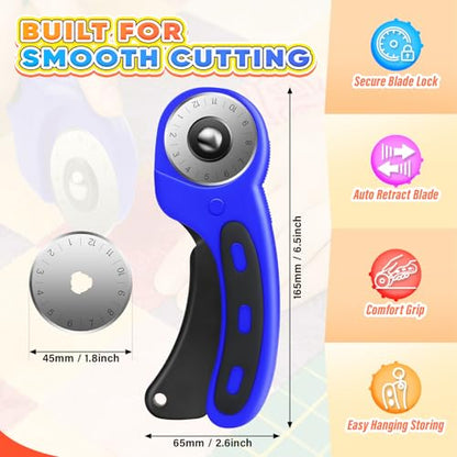 DIYSELF Rotary Cutter for Fabricr, Rolling Cutter with 5 Extra 45mm Blades - color: Blue