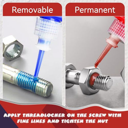 Thread Lock Blue and Red, Threadlocker Medium and High Strength, Thread Locker for Nuts, Bolts, Fasteners and Metals, Against Losening and Leakage