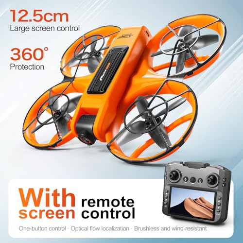 RC Drone With Screen On Controller (4.92in), UHD Dual Camera, Brushless Motor, Optical Flow Hovering, 360° Propeller Guard, 6-Axis Gyro, Headless Mode, One-Key Takeoff/Landing, 3-Speed Adjustable, 50X Zoom, Gesture Control, Trajectory Flight, Night LED, 2