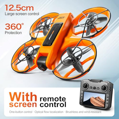 RC Drone With Screen On Controller (4.92in), UHD Dual Camera, Brushless Motor, Optical Flow Hovering, 360° Propeller Guard, 6-Axis Gyro, Headless Mode, One-Key Takeoff/Landing, 3-Speed Adjustable, 50X Zoom, Gesture Control, Trajectory Flight, Night LED, 2
