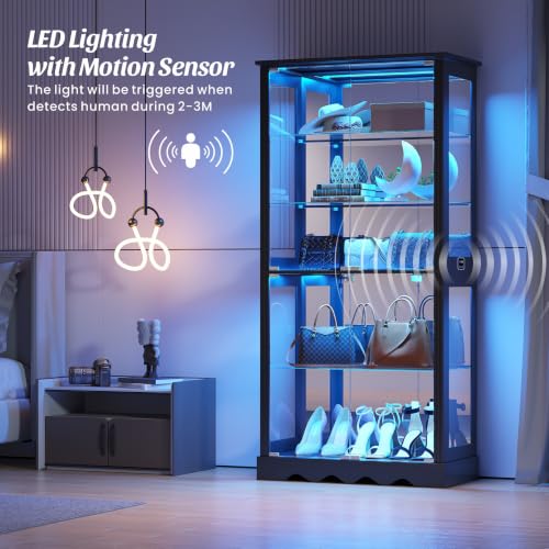 Dystler Display Cabinet with Glass Doors, RGB Lights for Collectibles - color: Black