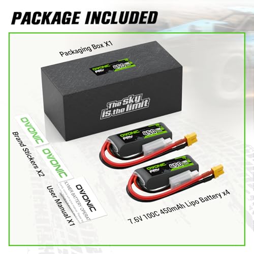 OVONIC 7.6V 100C 450mAh 2S Lipo Battery Long Size with XT30 Plug [1 Package Including 2 Batteries]