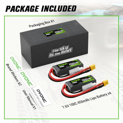 OVONIC 7.6V 100C 450mAh 2S Lipo Battery Long Size with XT30 Plug [1 Package Including 2 Batteries]